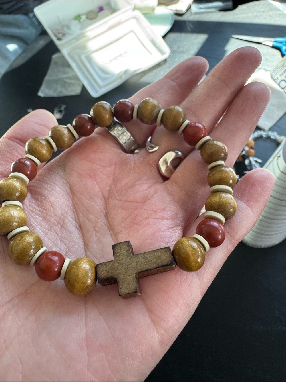 Wood Bead Bracelet with Cross Pendant - Brown & Terracotta